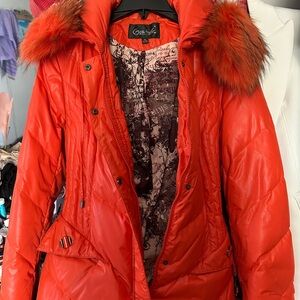Orange Women's Jacket with Faux Fur Hood